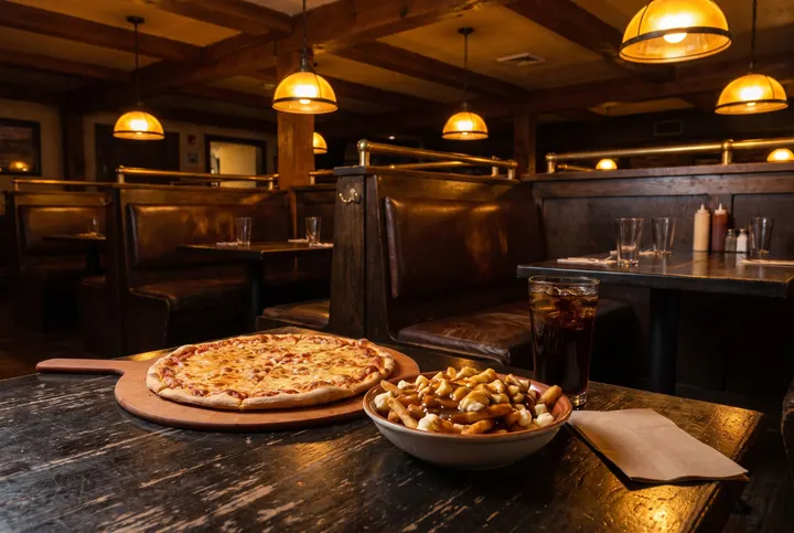 A pizza on a wooden board and a bowl of poutine with a glass of cola on a table in a warmly lit bar and grill.